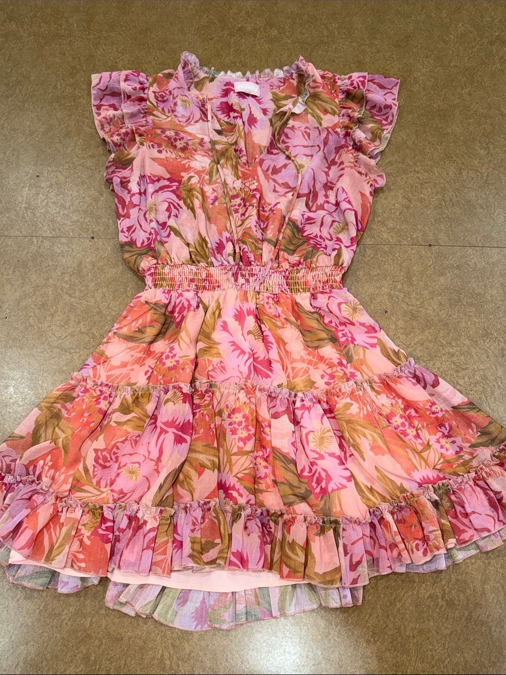 Show Me Your MuMu Pink Floral Sheer Ruffle Tiered Dress •Lined • Resortwear • M